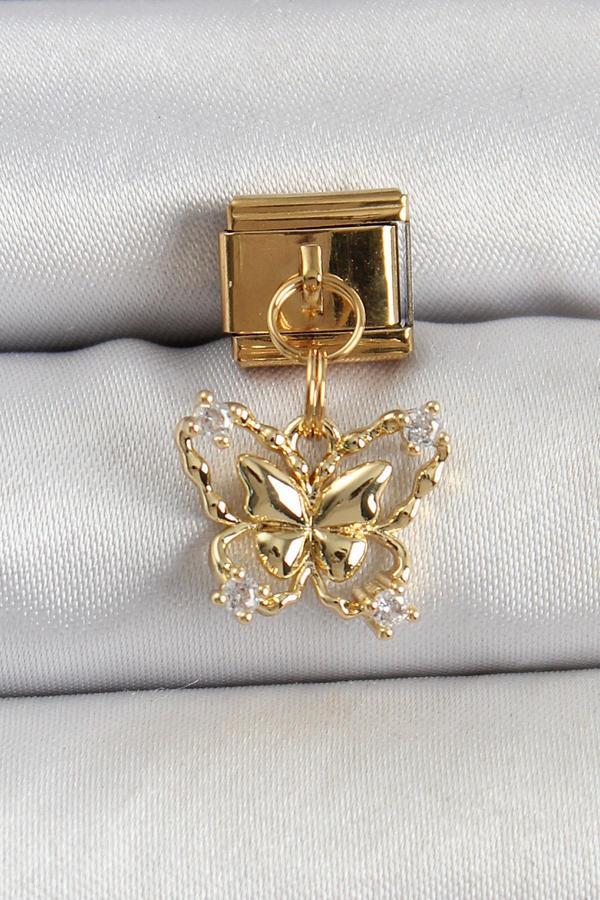 316L Çelik Sallantılı Zirkon Taşlı Kelebek Model Gold Renk Nomination Charm - Image 1