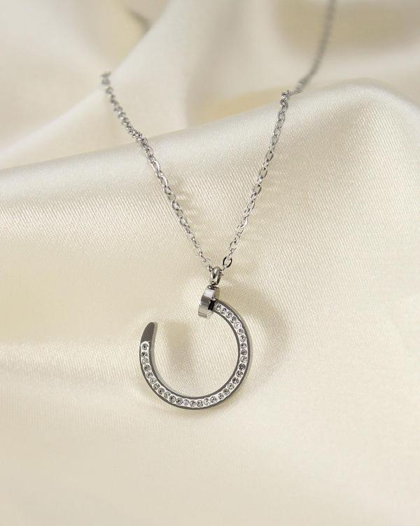 Çelik Silver Renk Zirkon Taşlı Çivi Model Kadın Kolye - Image 1