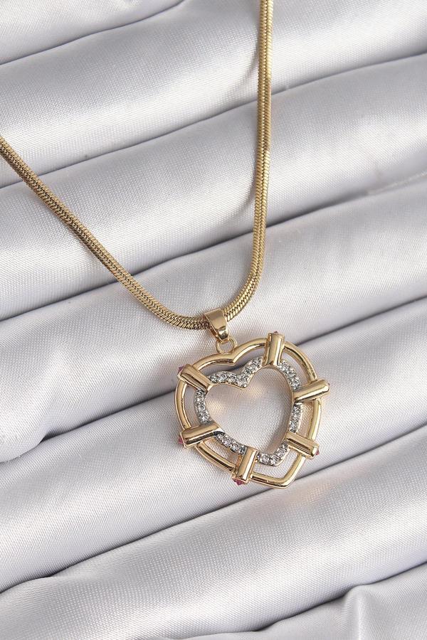 316L Çelik Gold Renk İtalyan Zincir Mix Renk Zirkon Taşlı Kalp Model Kadın Kolye - Image 1