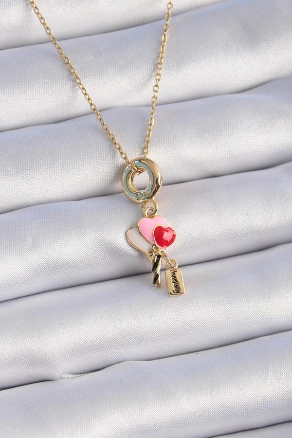 316L Çelik Gold Renk Renkli Kalp Figür Charm Model Kadın Kolye - Image 1