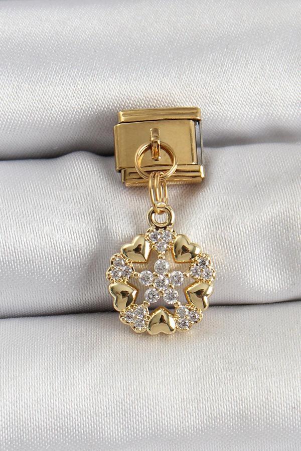 316L Çelik Sallantılı Zirkon Taşlı Kalp Detaylı Yıldz Model Gold Renk Nomination Charm - Image 1