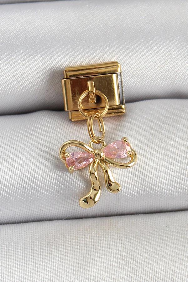 316L Çelik Sallantılı Zirkon Taşlı Fiyonk Model Gold Renk Nomination Charm - Image 1