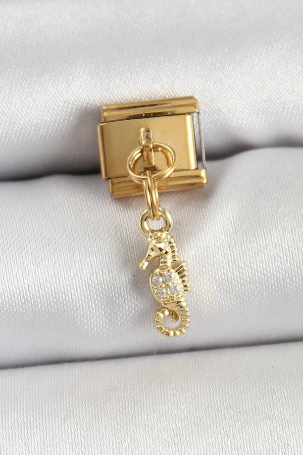 316L Çelik Sallantılı Zirkon Taşlı Çiçek Model Gold Renk Nomination Charm - Image 1