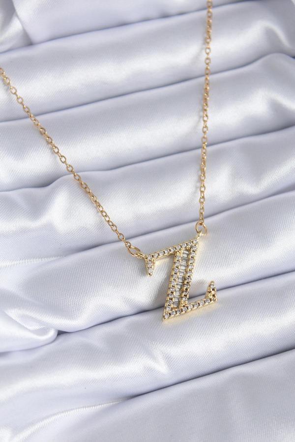 316L Çelik Gold Renk Z Harf Model Zirkon Taşlı Kadın Kolye - Image 1