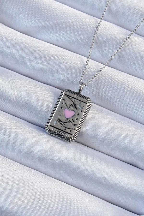 316L Çelik Zincir Eskitme Gümüş Renk Pembe Mineli Kalp Figürlü Tarot Kolye - Image 1