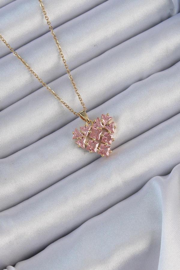 316L Çelik Zincir Altın Renk Pembe Parçalı Zirkon Taşlı Kalp Kolye - Image 1