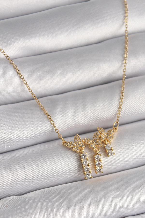 316L Çelik Gold Renk Zincir Zirkon Taşlı Kelebek Model Sallantı Detay Kadın Kolye - Image 1