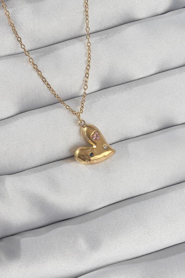 316L Çelik Zincir Gold Renk Renkli Zirkon Taşlı Kalp Kolye - Image 1