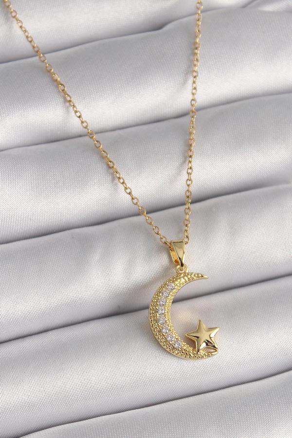316L Çelik Gold Renk Zincir Zirkon Taşlı Hilal Model Yıldız Detay Kadın Kolye - Image 1