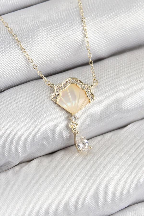 Pirinç Zirkon Taşlı İstiridye Model Gold Renk Kadın Kolye - Image 1