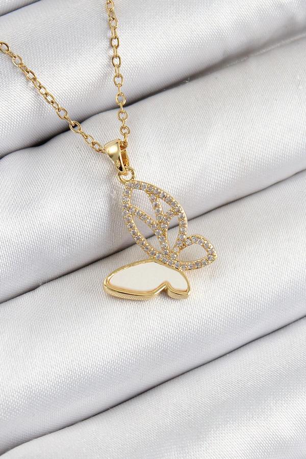 316L Çelik Zirkon Taşlı Kelebek Model Gold Renk Kadın Kolye - Image 1