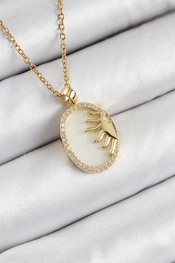 316L Çelik Zirkon Taşlı Yarım Güneş Model Gold Renk Kadın Kolye - Image 1