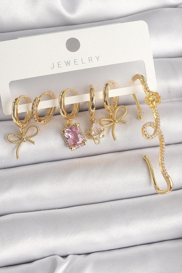 Pirinç Gold Renk Sallantı Kurdele Model Pembe Kare Zirkon Taşlı Kadın Küpe Seti - Image 1
