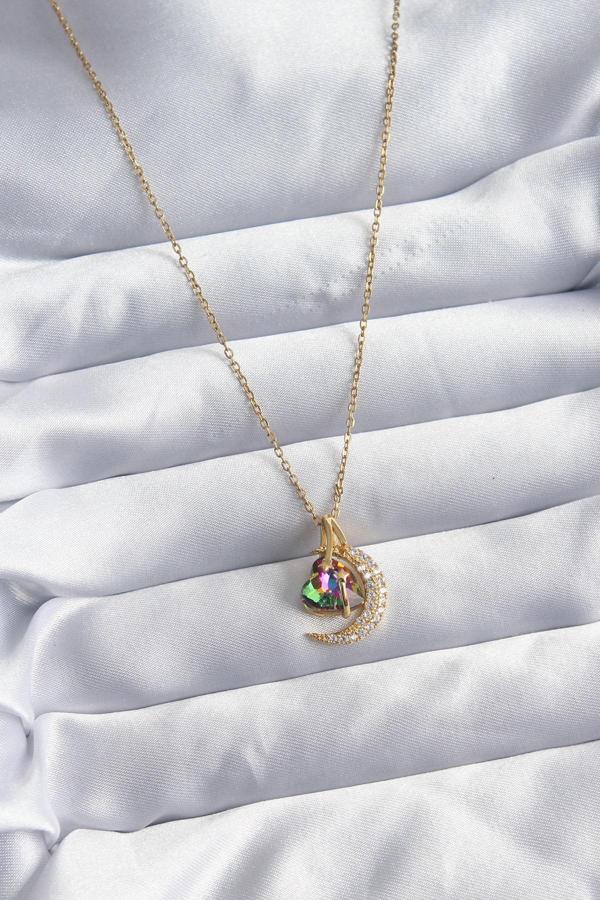 316L Çelik Zincir Gold Renk Zirkon Taşlı Hilal Kristal Kalp Model Kadın Kolye - Image 1