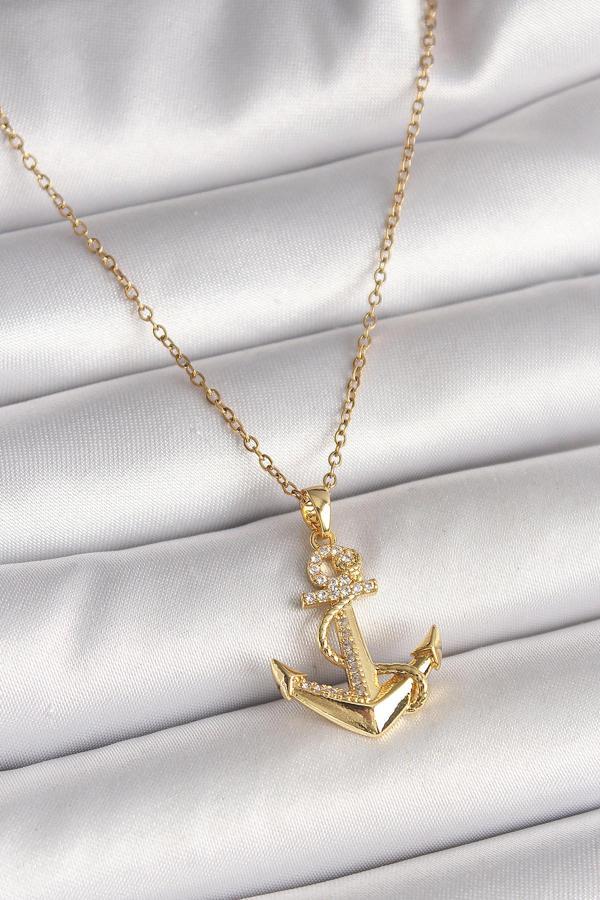 316L Çelik Gold Renk Zincir Zirkon Taş Detaylı Çapa Model Kadın Kolye - Image 1