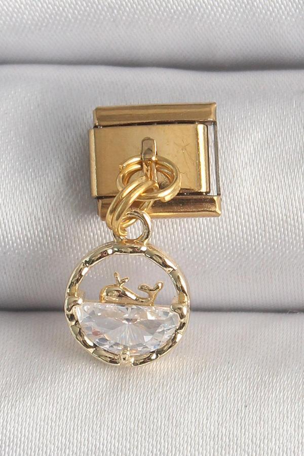 316L Çelik Gold Renk Sallantı Zirkon Taşlı Balina Model Nomination Charm - Image 1