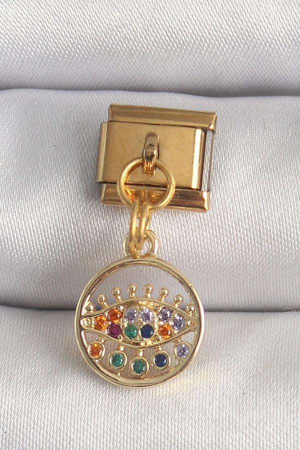 316L Çelik Gold Renk Sallantı Renkli Zirkon Taşlı Göz Model Nomination Charm - Image 1