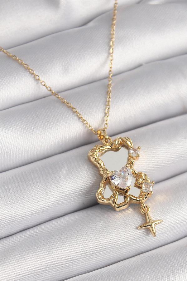 316L Çelik Gold Renk Zincir Ayna Ayıcık Model Zirkon Taşlı Kalp Model Kadın Kolye - Image 1