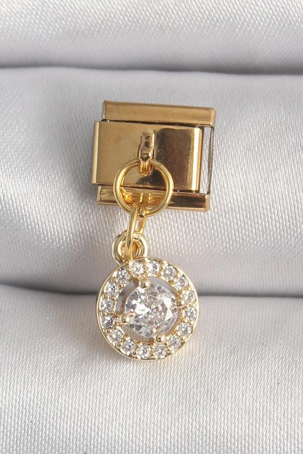316L Çelik Gold Renk Sallantı Daire Zirkon Taşlı Nomination Charm - Image 1