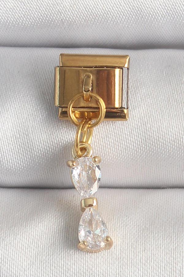 316L Çelik Gold Renk Sallantı Zirkon Taşlı Kurdele Model Nomination Charm - Image 1