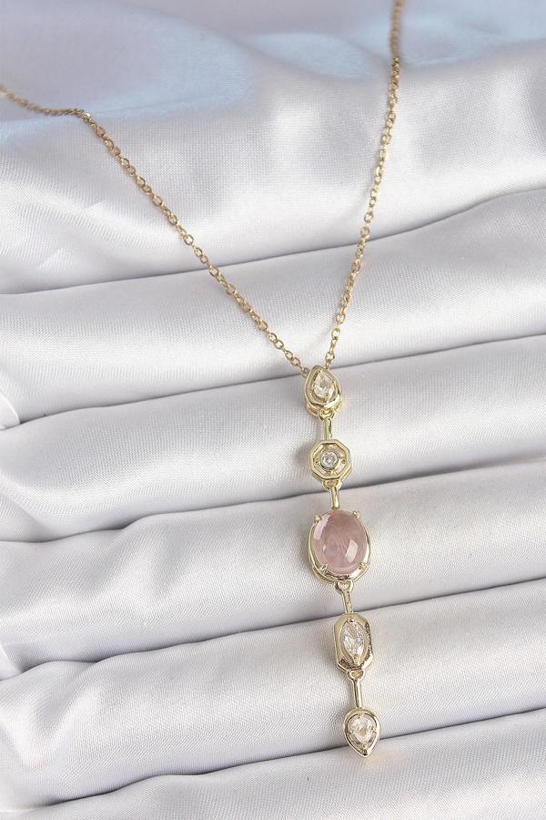 316L Çelik Zincir Gold Renk Pembe Zirkon Taşlı Y Kolye - Image 1