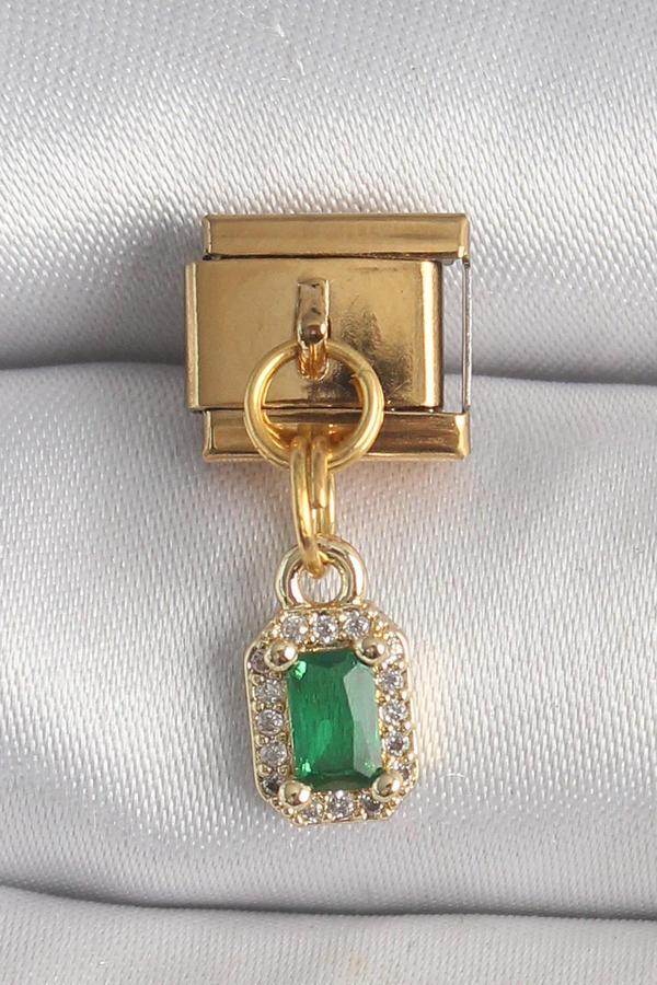 316L Çelik Gold Renk Sallantı Kare Yeşil Zirkon Taşlı Nomination Charm - Image 1