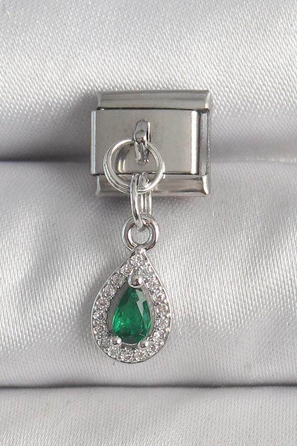 316L Çelik Gümüş Renk Sallantı Yeşil Zirkon Taşlı Damla Model Nomination Charm - Image 1