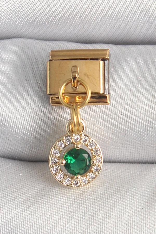 316L Çelik Gold Renk Sallantı Yeşil Zirkon Taşlı Nomination Charm - Image 1