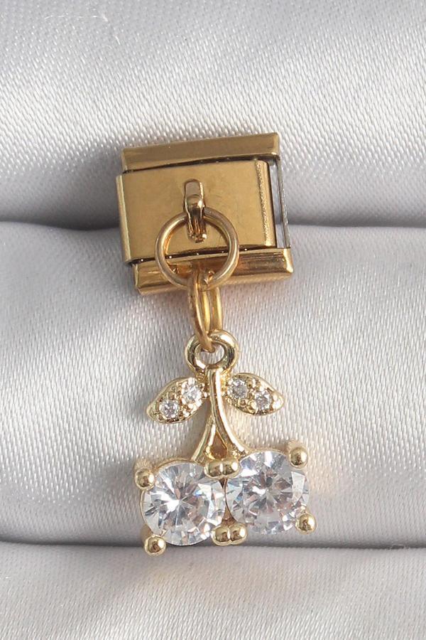 316L Çelik Gold Renk Sallantı Zirkon Taşlı Kiraz Model Nomination Charm - Image 1