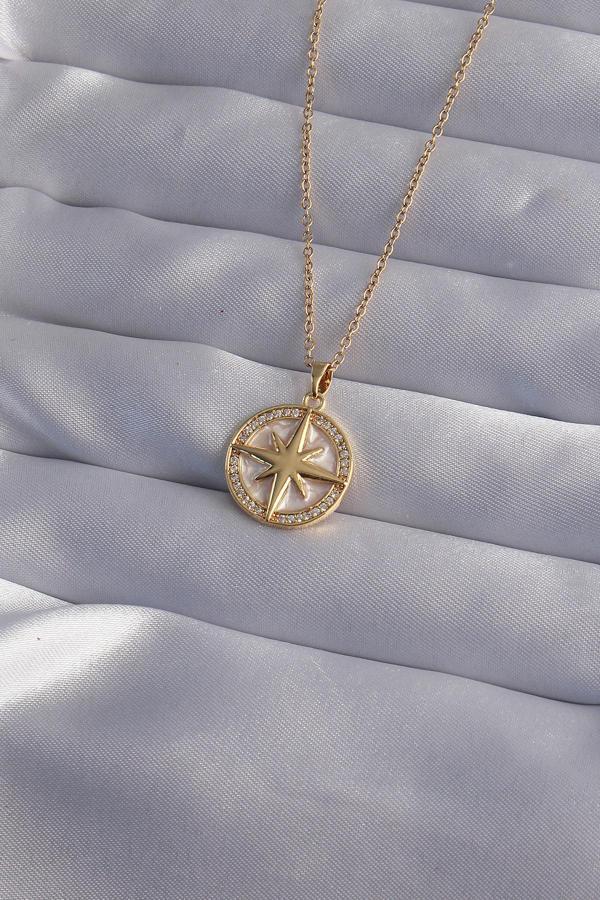 316L Çelik Zincir Gold Renk Zirkon Taşlı Kutup Yıldızı Kolye - Image 1