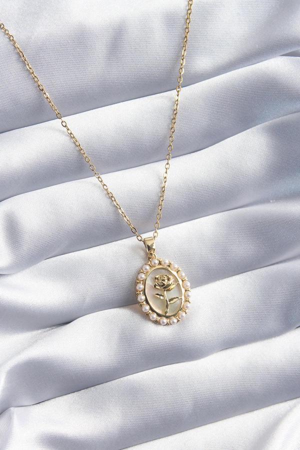316L Çelik Gold Renk Gül Model İnci Detay Kadın Kolye - Image 1