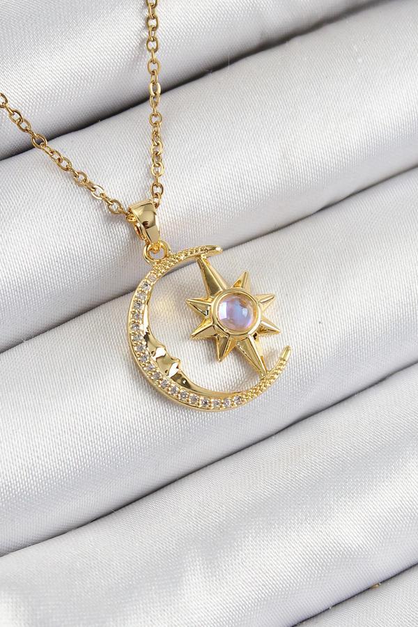 316L Çelik Zirkon Taşlı Kutup Yıldızlı Hilal Model Gold Renk Kadın Kolye - Image 1
