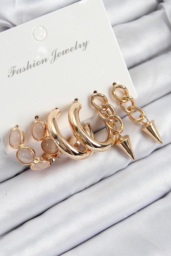 Pirinç Halka Ve Zincir Model Gold Renk Kadın Set Küpe - Image 1