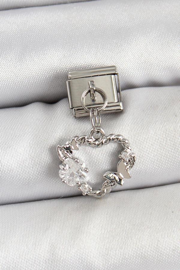 316L Çelik Sallantılı Zirkon Taşlı Kalp Model Gümüş Renk Nomination Charm - Image 1