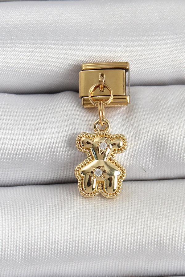 316L Çelik Sallantılı Zirkon Taşlı Ayıcık Model Gold Renk Nomination Charm - Image 1