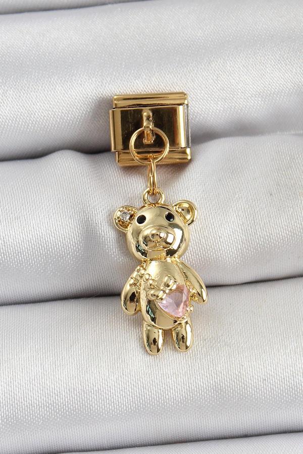 316L Çelik Sallantılı Zirkon Taşlı Ayıcık Model Gold Renk Nomination Charm - Image 1