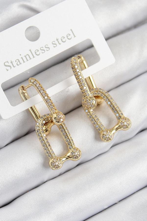 Pirinç Zirkon Taşlı Tifany Model Gold Renk Kadın Küpe - Image 1