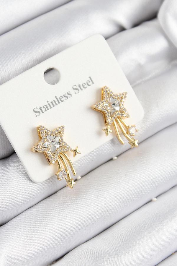 316L Çelik Zirkon Taşlı Kayan Yıldız Model Gold Renk Kadın Küpe - Image 1