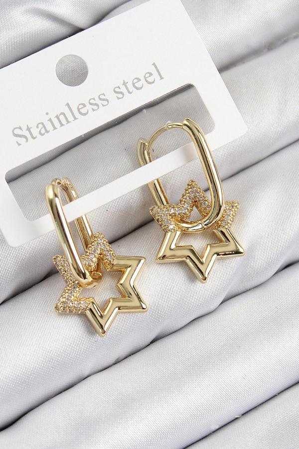 Pirinç Zirkon Taşlı Yıldız Model Gold Renk Kadın Küpe - Image 1