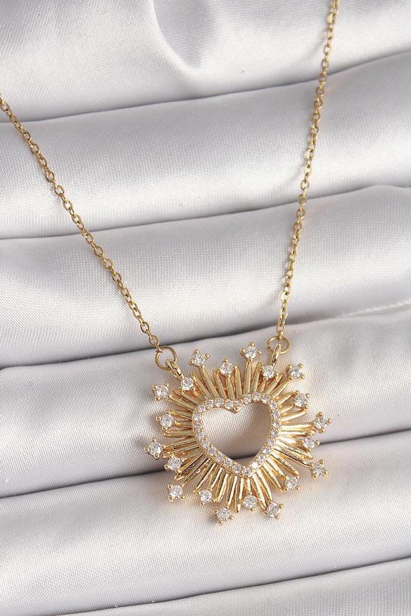 316L Çelik Gold Renk Zirkon Taşlı Kalp Model Kadın Kolye - Image 1