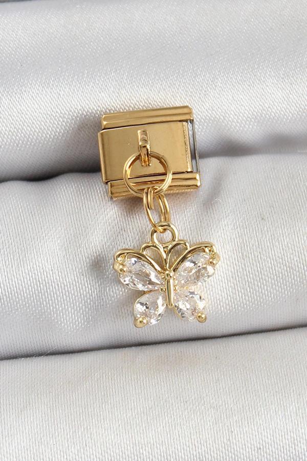 316L Çelik Sallantılı Zirkon Taşlı Kelebek Model Gold Renk Nomination Charm - Image 1