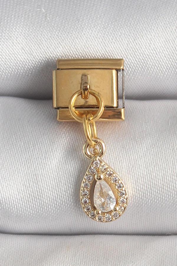 316L Çelik Gold Renk Sallantı Damla Zirkon Taşlı Nomination Charm - Image 1