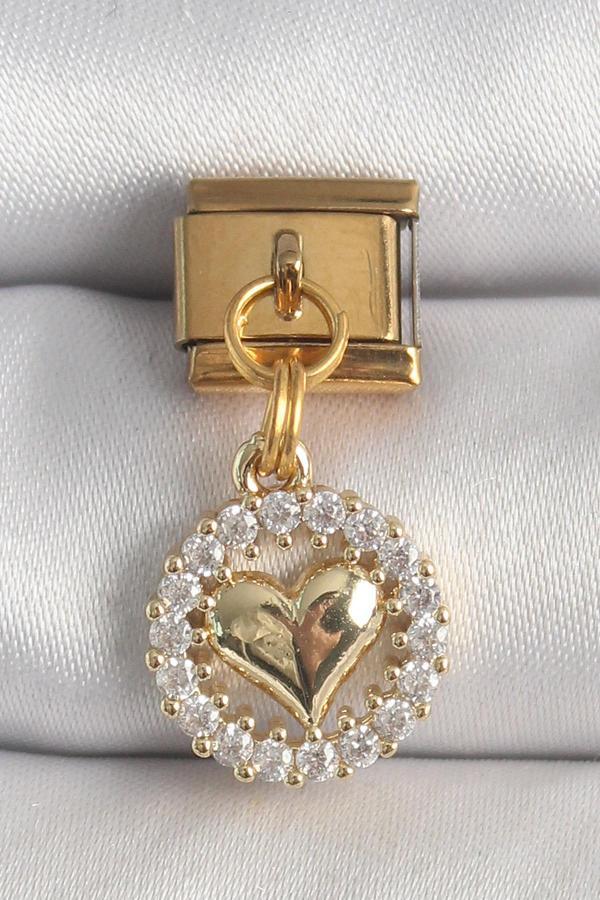 316L Çelik Gold Renk Sallantı Zirkon Taşlı Kalp Model Nomination Charm - Image 1