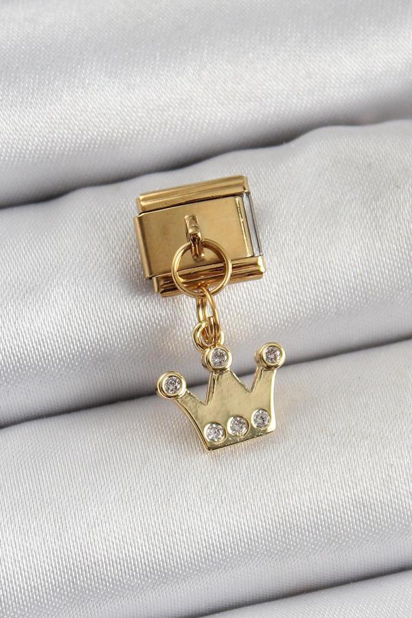 316L Çelik Sallantılı Zirkon Taşlı Kraliçe Tacı Model Gold Renk Nomination Charm - Image 1
