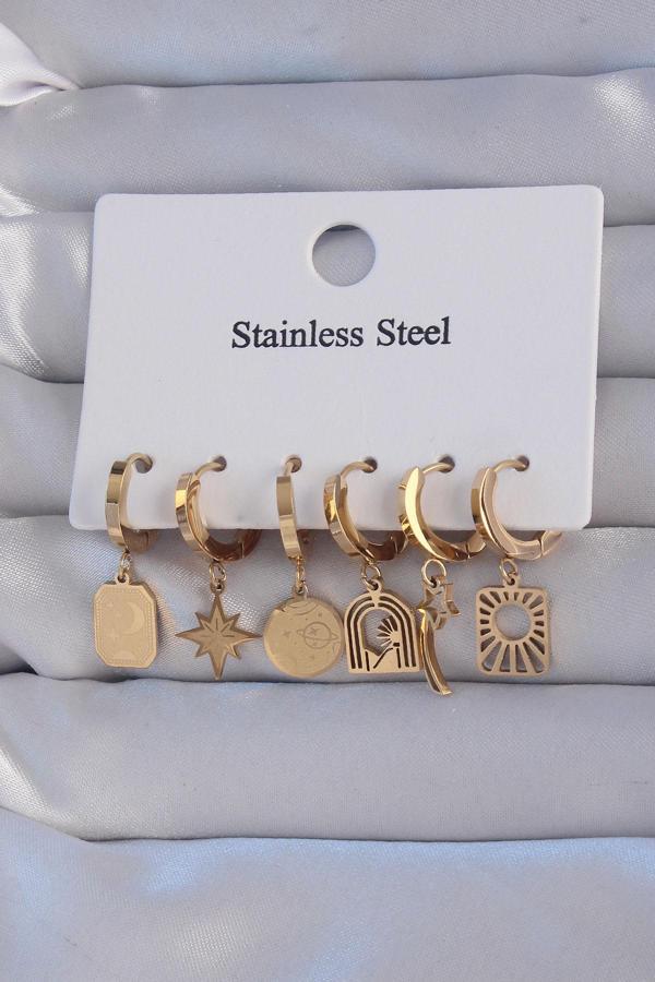 316L Çelik Gold Renk Yıldız Figürlü Tarot Model Halka Küpe Seti - Image 1