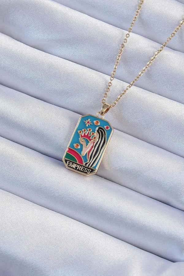 316L Çelik Zincir Altın Renk Taç ve Kız Figürlü Renkli Mineli Tarot Kolye - Image 1