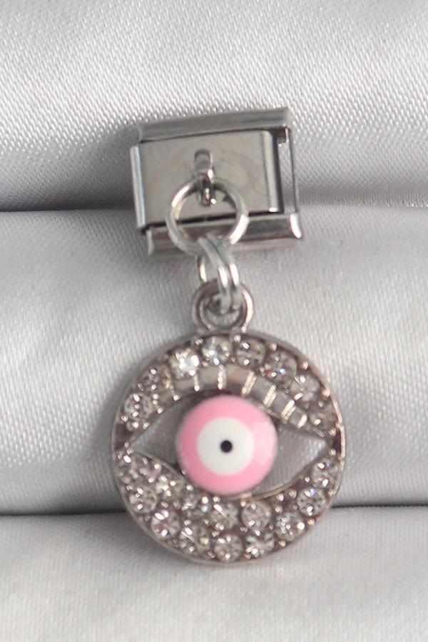316L Çelik Gümüş Renk Sallantı Zirkon Taşlı Pembe Göz Model Nomination Charm - Image 1