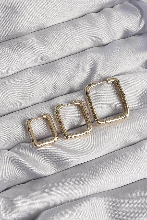 Pirinç Gold Renk Renkli Zirkon Taşlı Kare Model Küpe Seti - Image 1
