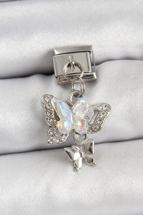 316L Çelik Sallantılı Zirkon Taşlı Kelebek Model Gümüş Renk Nomination Charm - Image 1