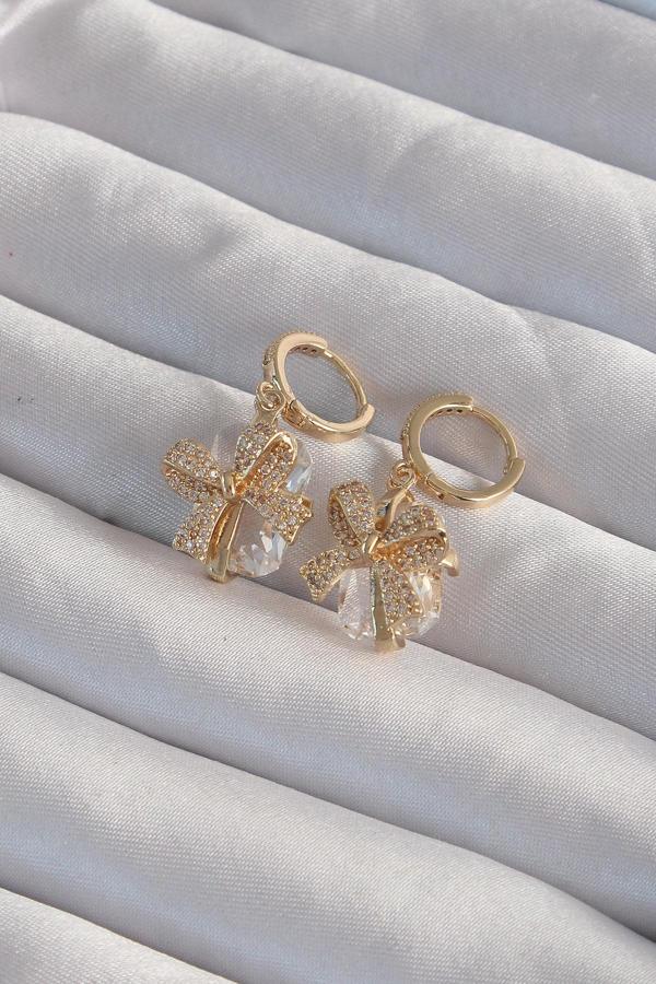 Pirinç Gold Renk İri Zirkon Taşlı Fiyonk Model Halka Küpe - Image 1